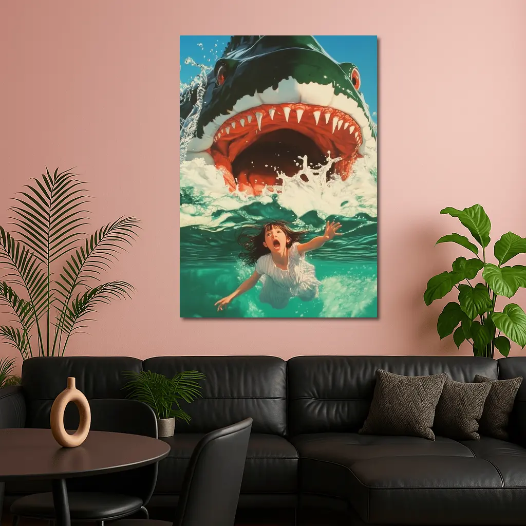Giant Shark Attack Girl Ocean Waves Art – Wall Art