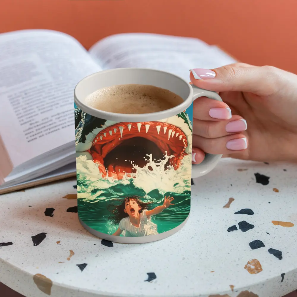 Giant Shark Attack Girl Ocean Waves Art – Mugs