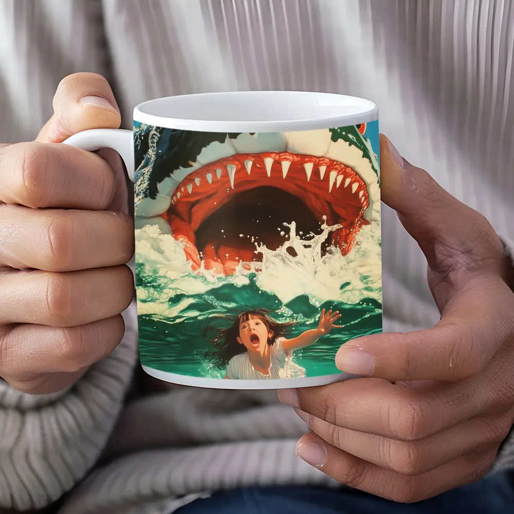 Giant Shark Attack Girl Ocean Waves Art – Mugs