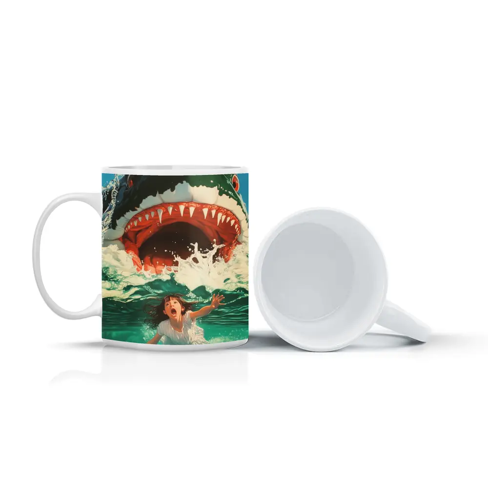 Giant Shark Attack Girl Ocean Waves Art – Mugs