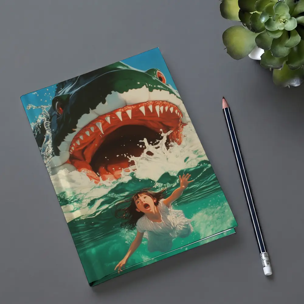 Giant Shark Attack Girl Ocean Waves Art – Notebooks