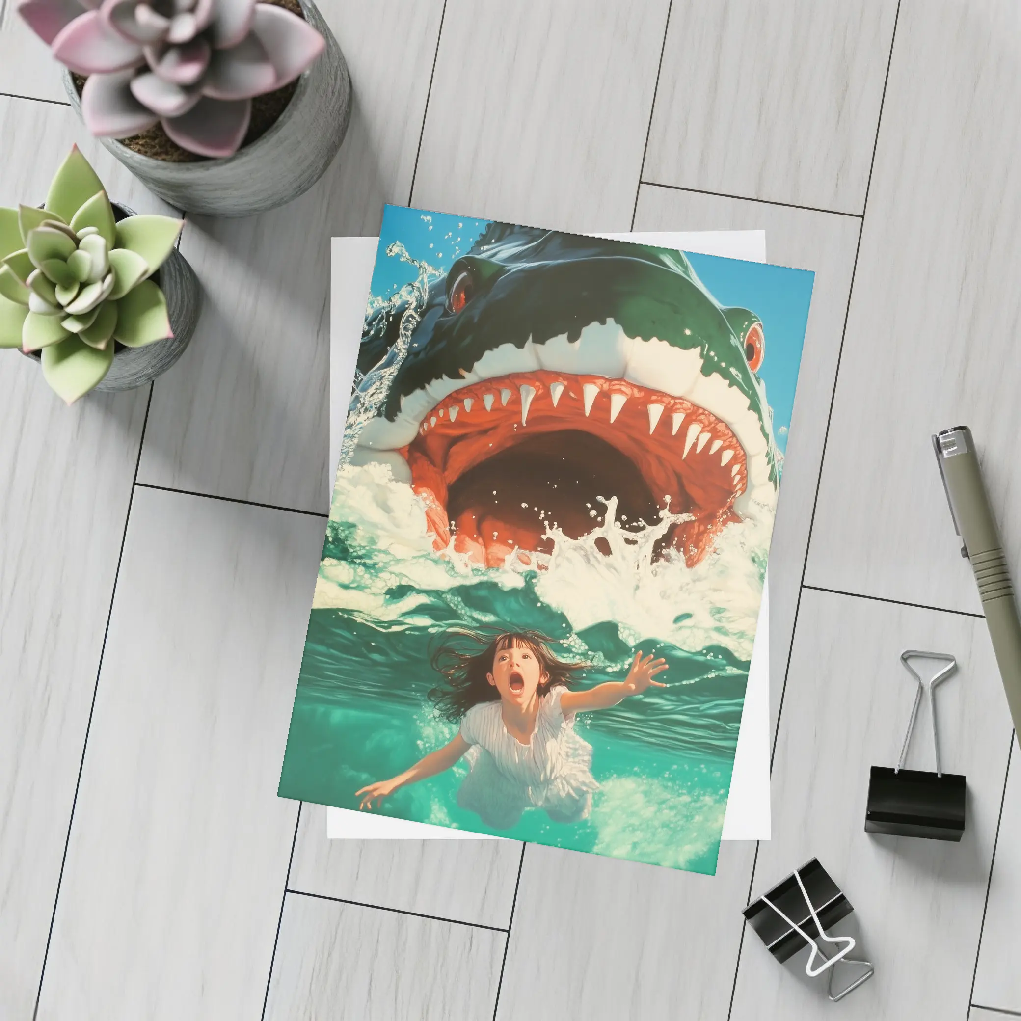 Giant Shark Attack Girl Ocean Waves Art – Postcards