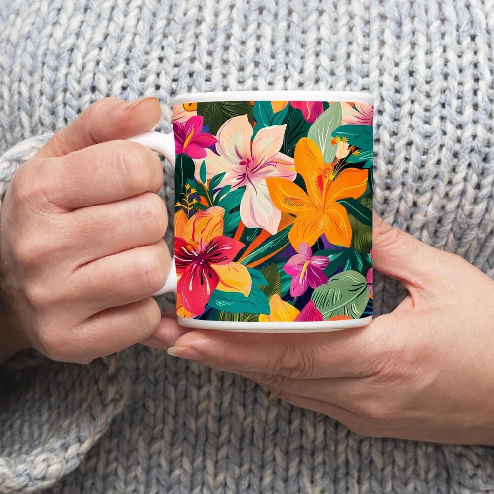 Tropical Flowers Illustration Bold Colorful Pattern – Mugs