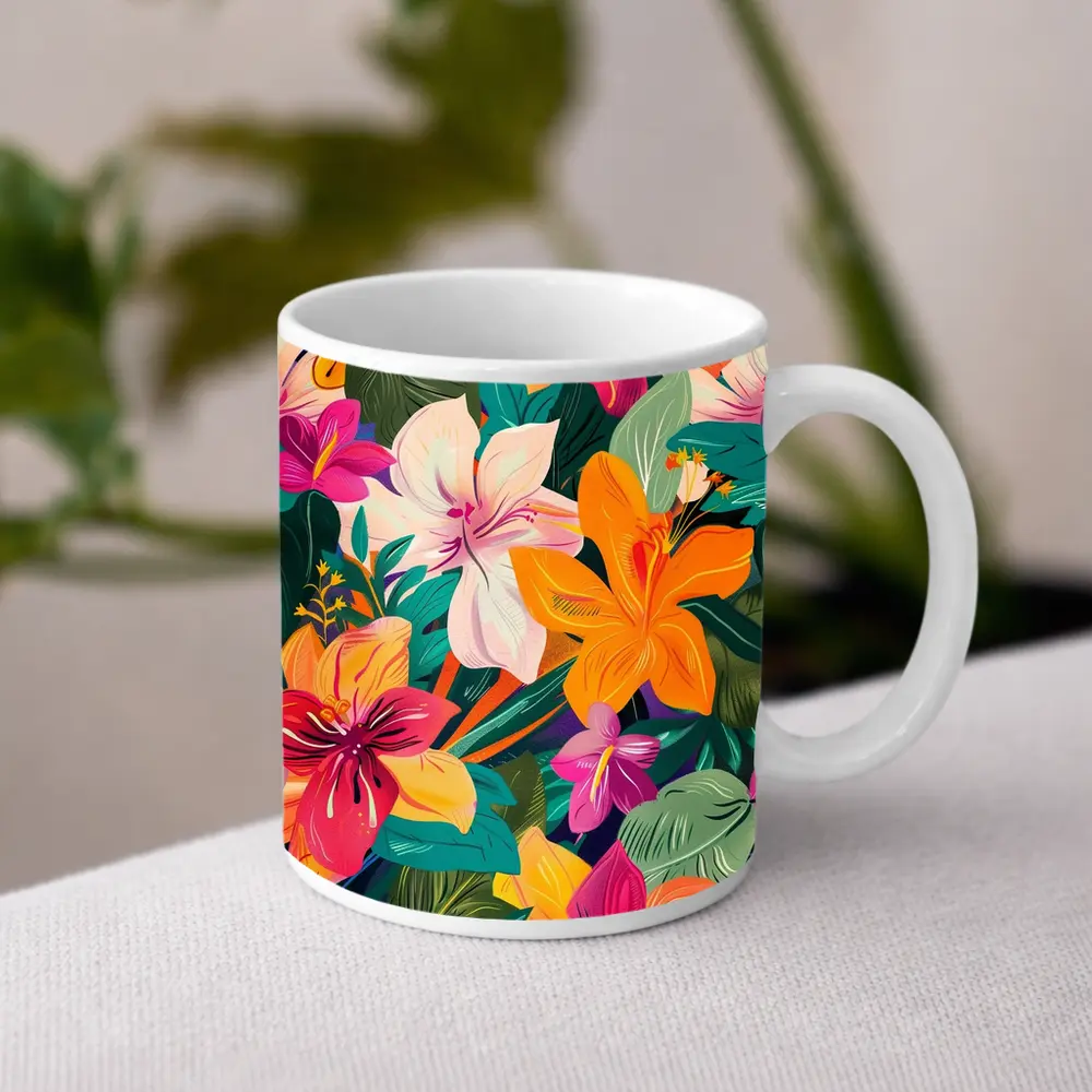 Tropical Flowers Illustration Bold Colorful Pattern – Mugs