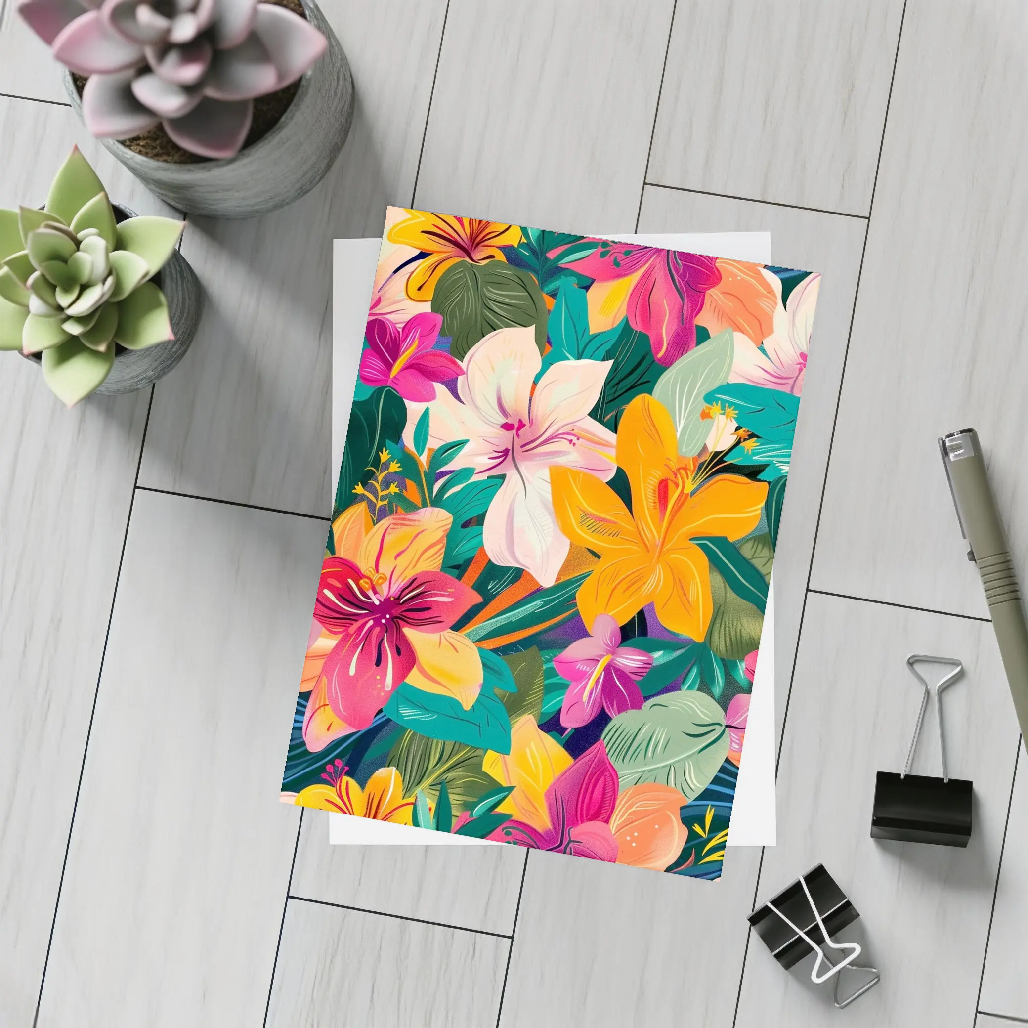 Tropical Flowers Illustration Bold Colorful Pattern – Postcards