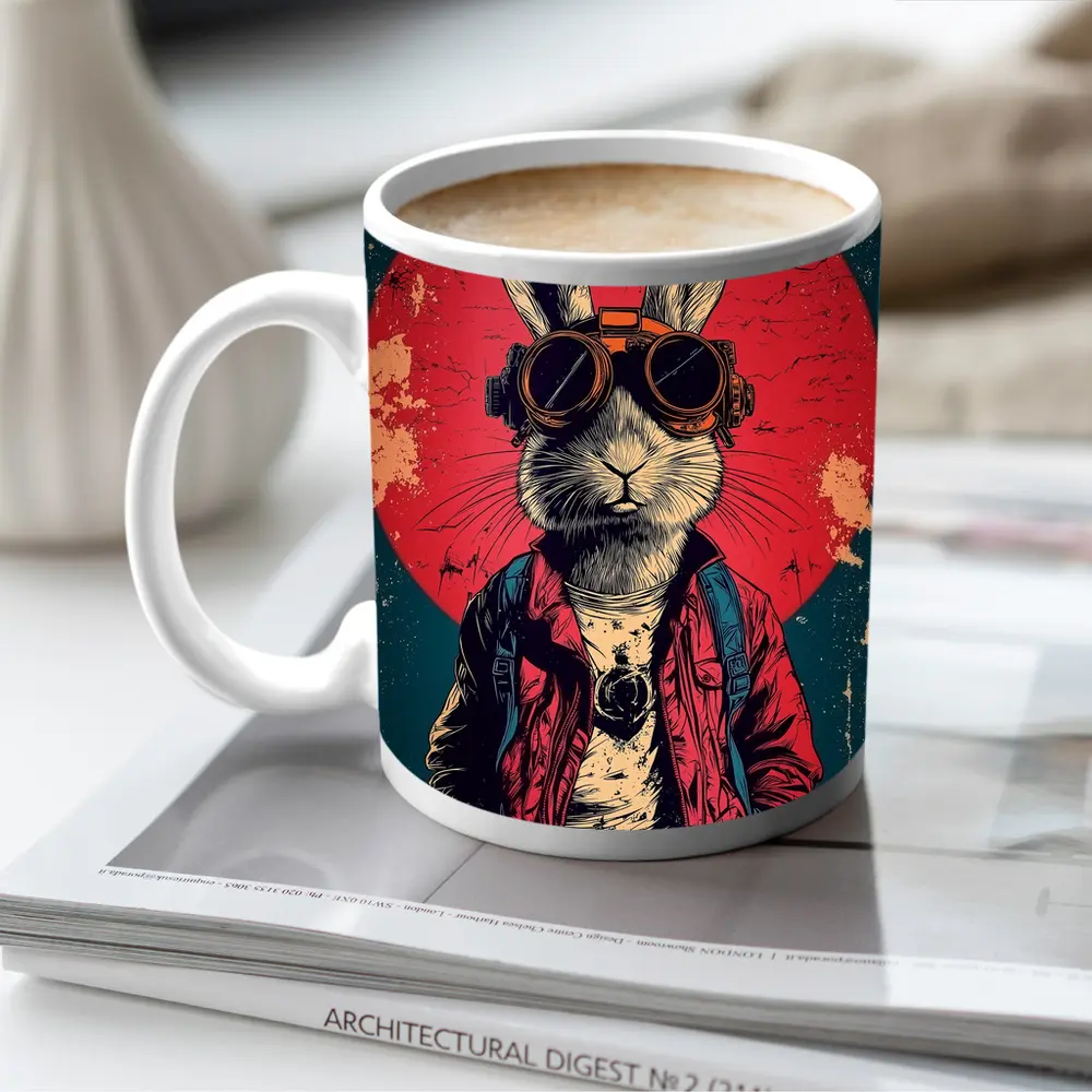 Cool Rabbit Steampunk Goggles Red Circle Background – Mugs