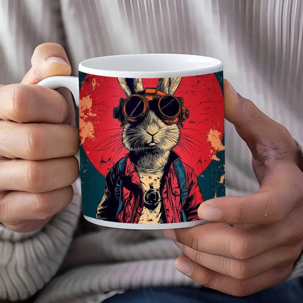 Cool Rabbit Steampunk Goggles Red Circle Background – Mugs