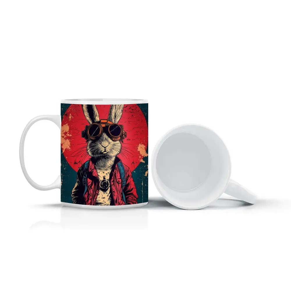 Cool Rabbit Steampunk Goggles Red Circle Background – Mugs