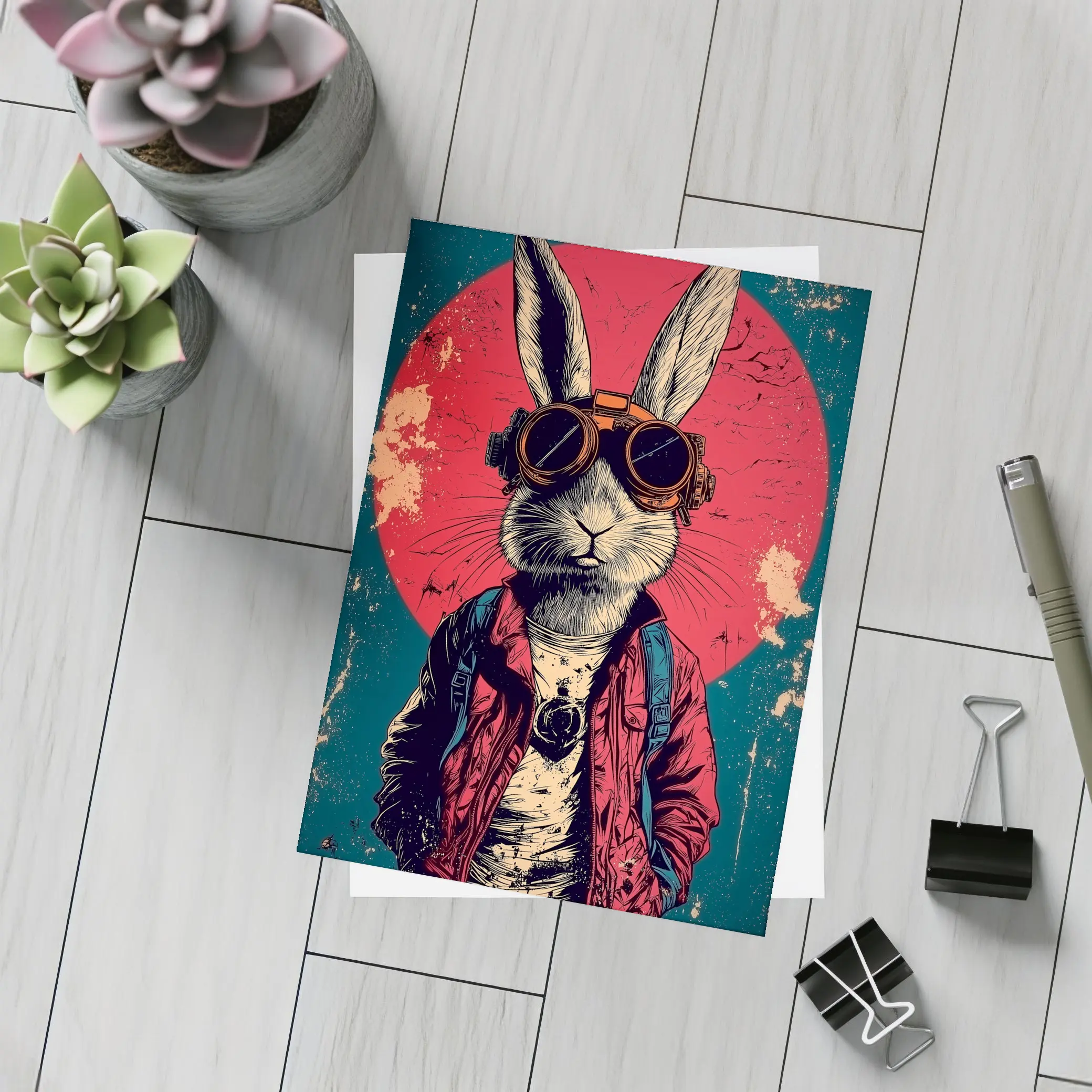 Cool Rabbit Steampunk Goggles Red Circle Background – Postcards