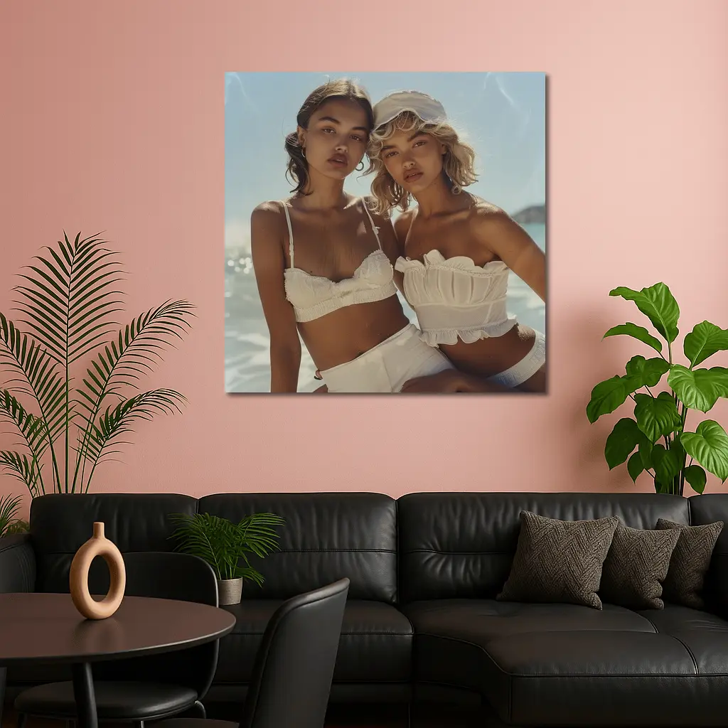 Two Women White Outfits Beach Summer – Wall Art