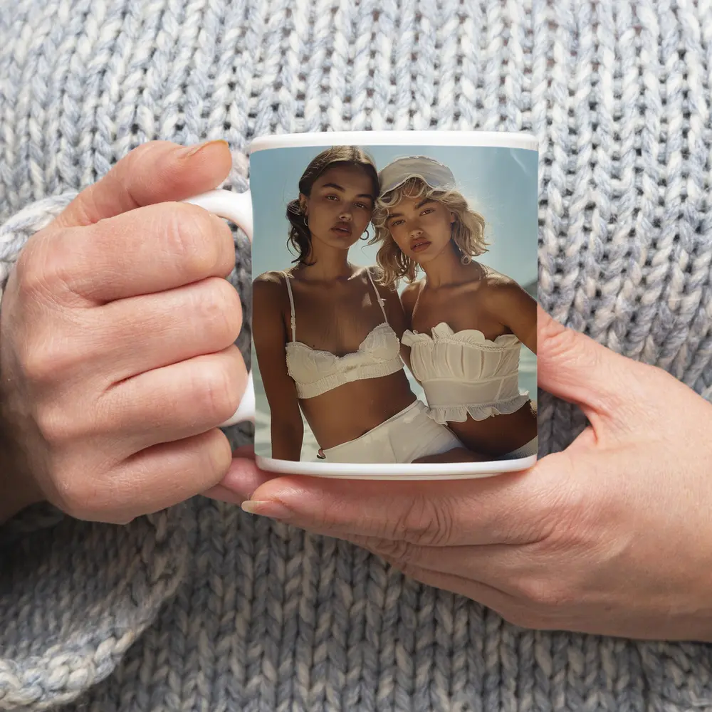 Two Women White Outfits Beach Summer – Mugs