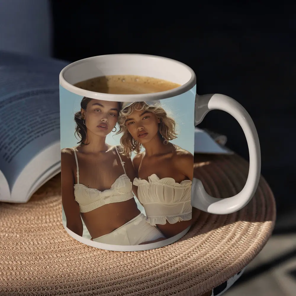 Two Women White Outfits Beach Summer – Mugs