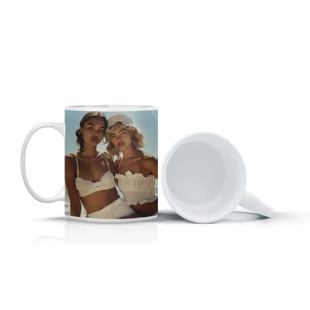 Two Women White Outfits Beach Summer – Mugs