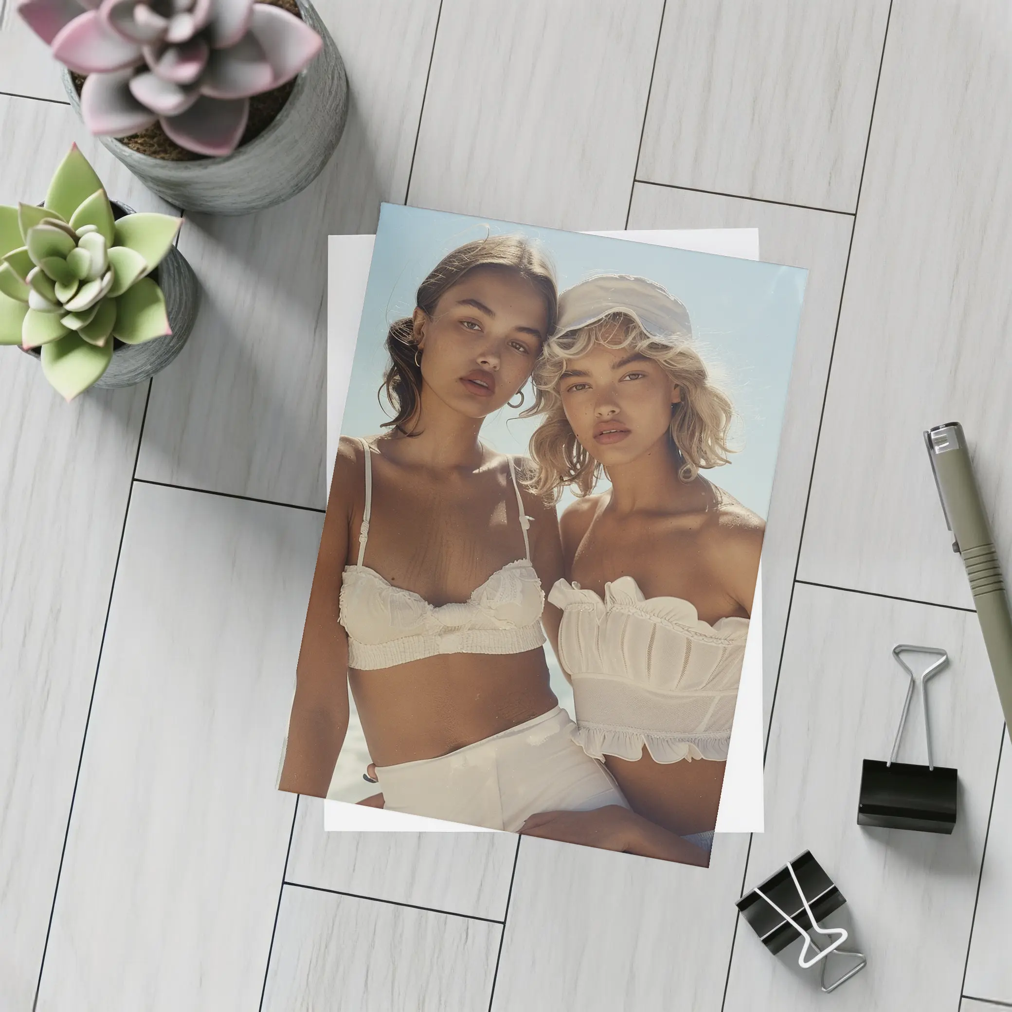 Two Women White Outfits Beach Summer – Postcards