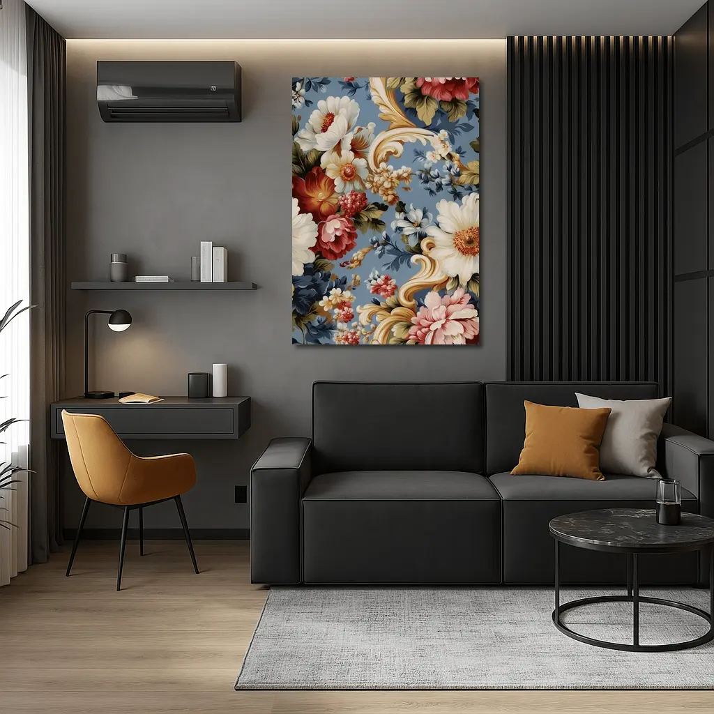 Baroque Floral Pattern on Dusty Blue – Wall Art