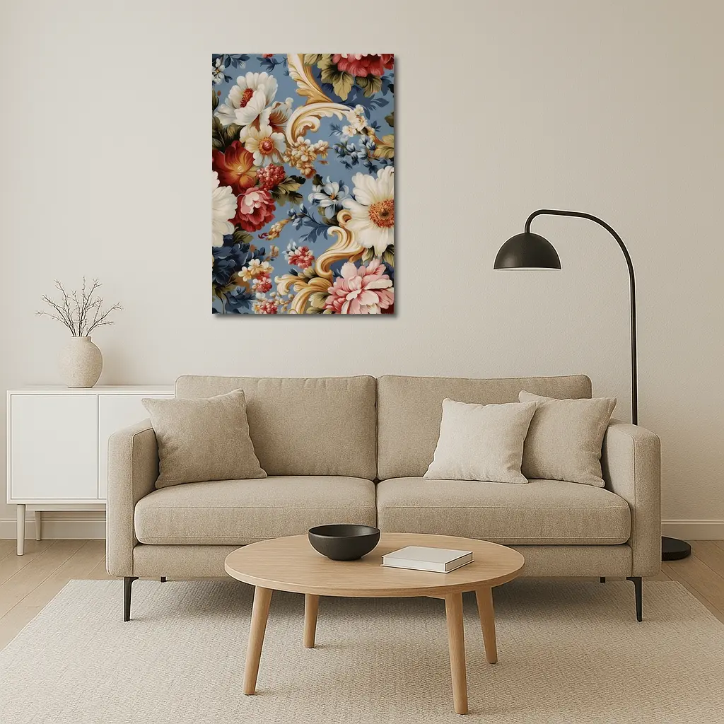 Baroque Floral Pattern on Dusty Blue – Wall Art