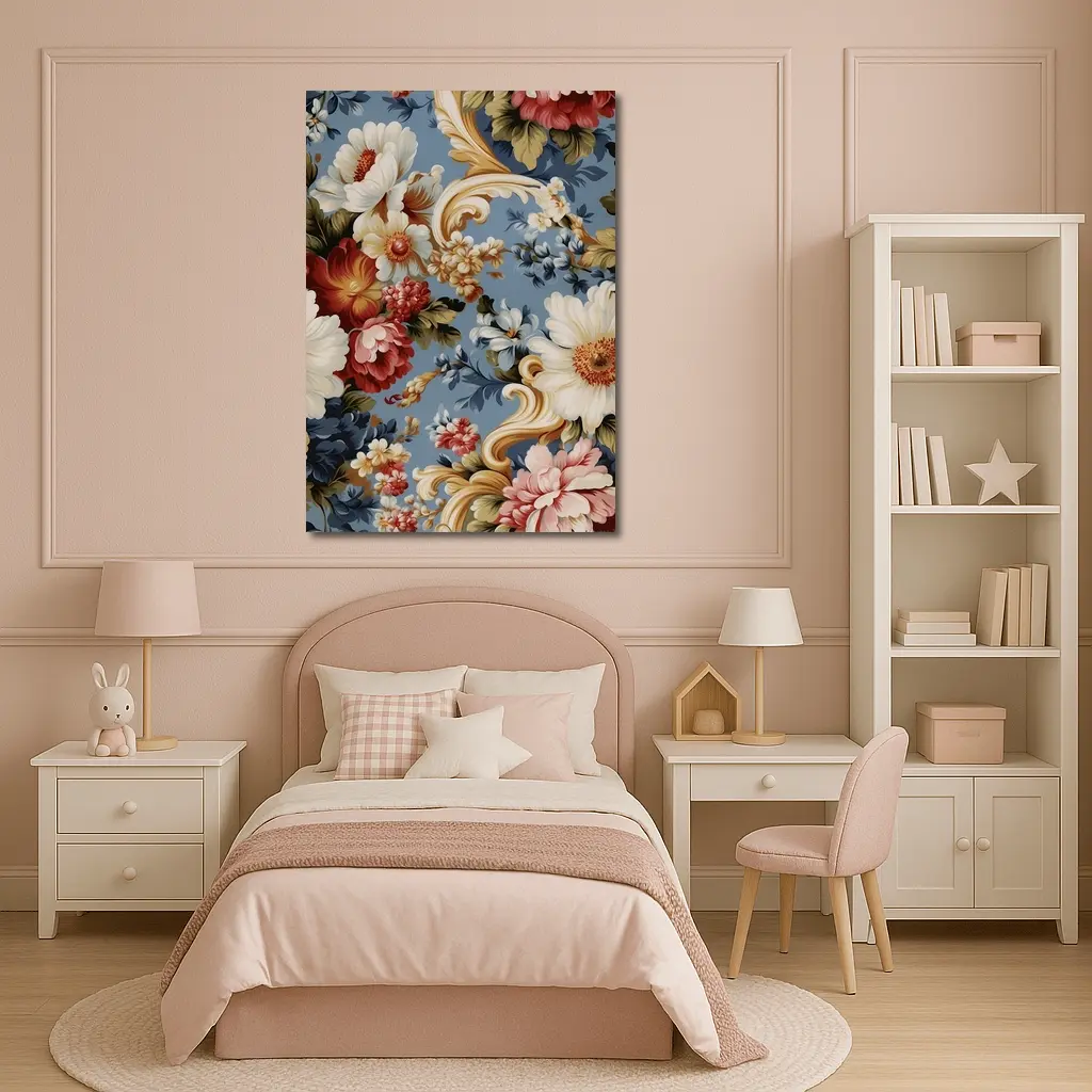 Baroque Floral Pattern on Dusty Blue – Wall Art