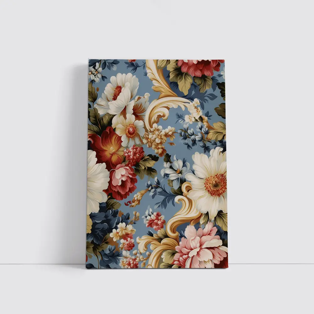 Baroque Floral Pattern on Dusty Blue – Wall Art