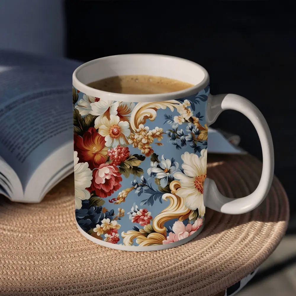 Baroque Floral Pattern on Dusty Blue – Mugs