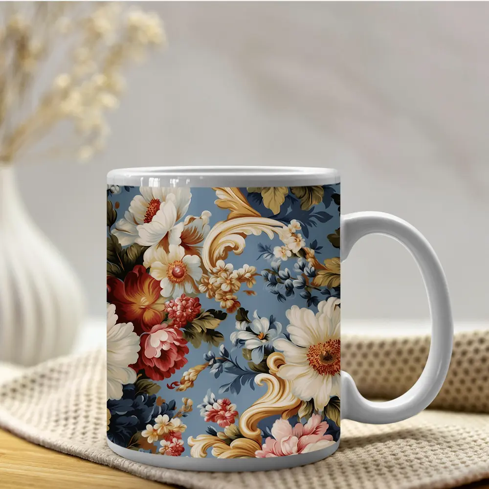 Baroque Floral Pattern on Dusty Blue – Mugs