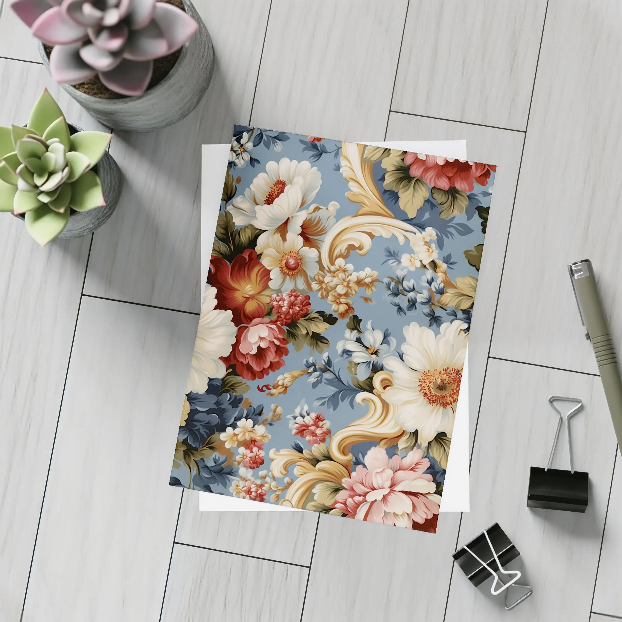 Baroque Floral Pattern on Dusty Blue – Postcards