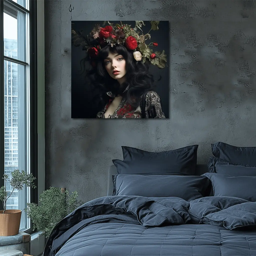 Dark Woman Portrait Red Floral Crown – Wall Art