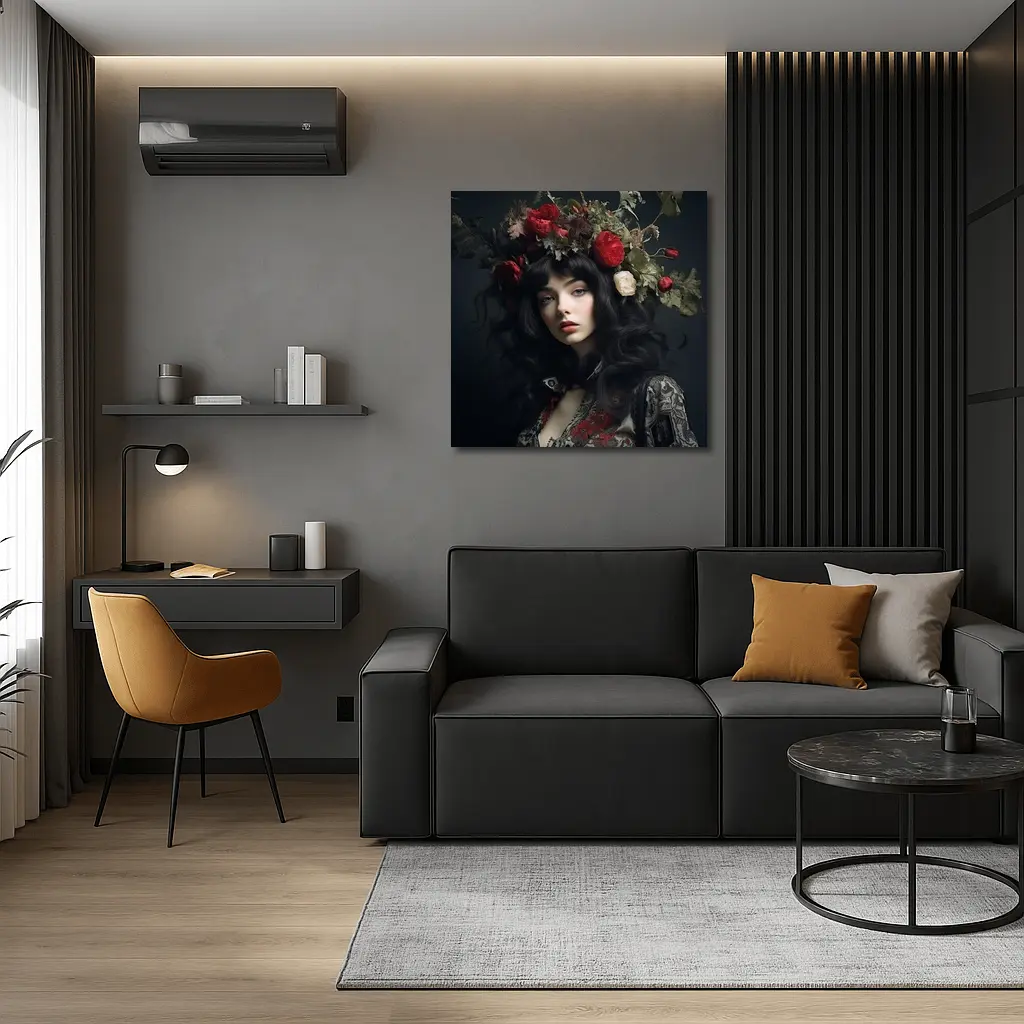 Dark Woman Portrait Red Floral Crown – Wall Art