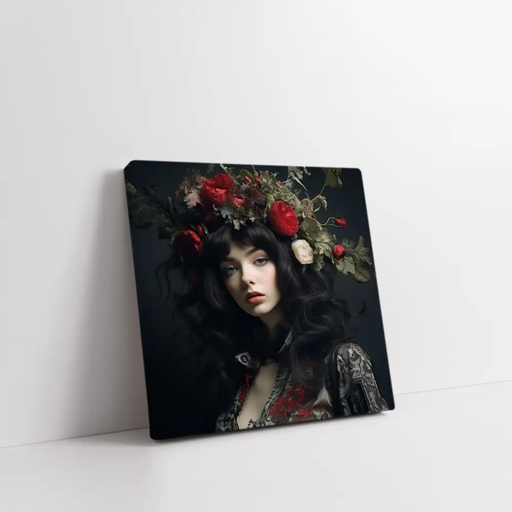 Dark Woman Portrait Red Floral Crown – Wall Art