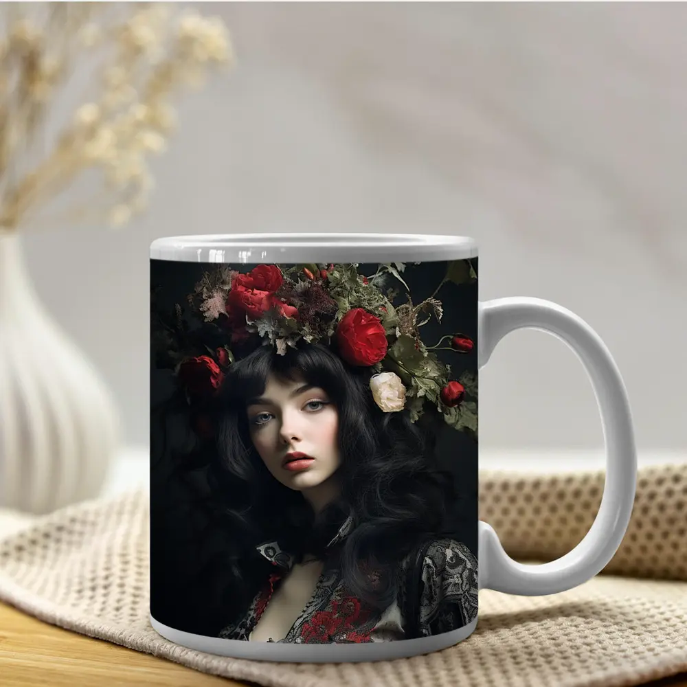 Dark Woman Portrait Red Floral Crown – Mugs