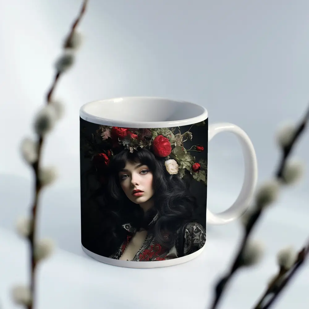 Dark Woman Portrait Red Floral Crown – Mugs