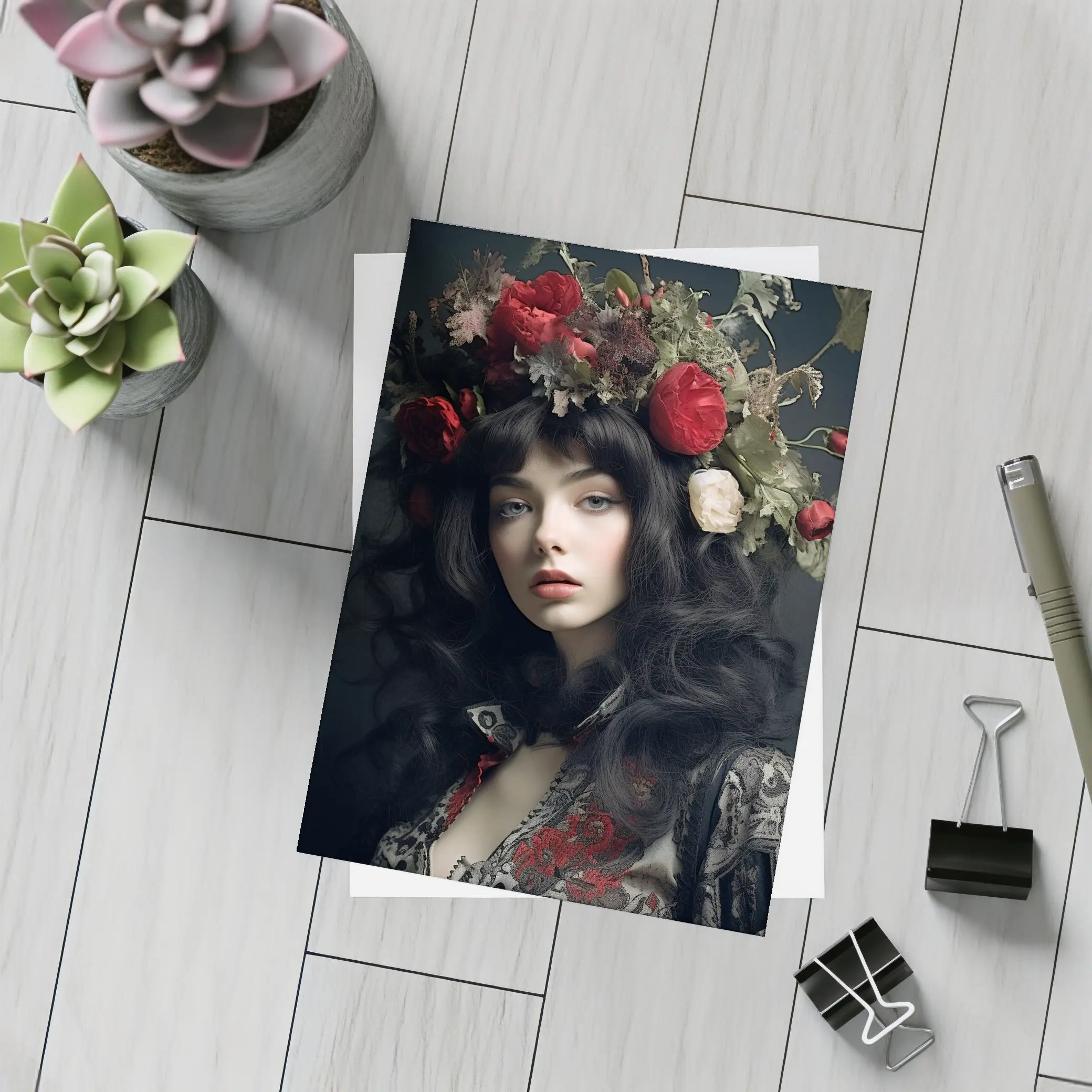 Dark Woman Portrait Red Floral Crown – Postcards