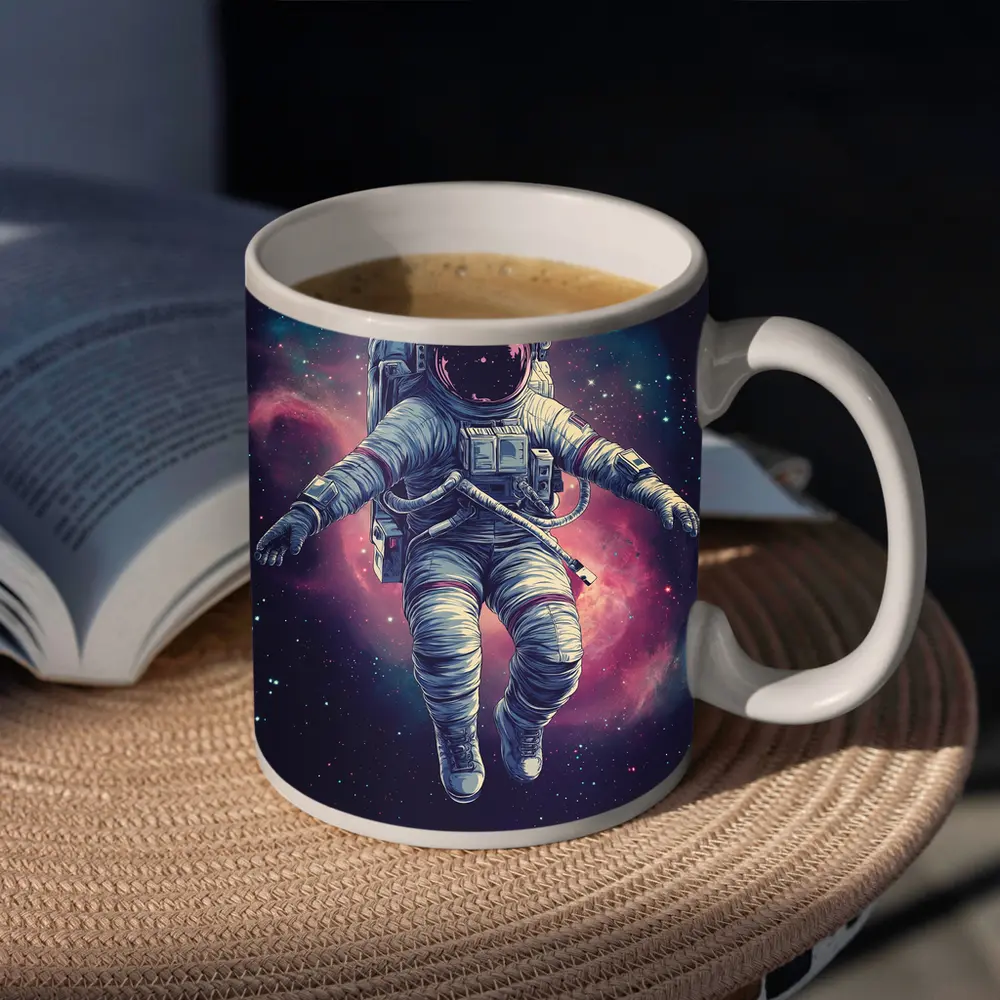 Astronaut Floating In Colorful Galaxy Nebula – Mugs