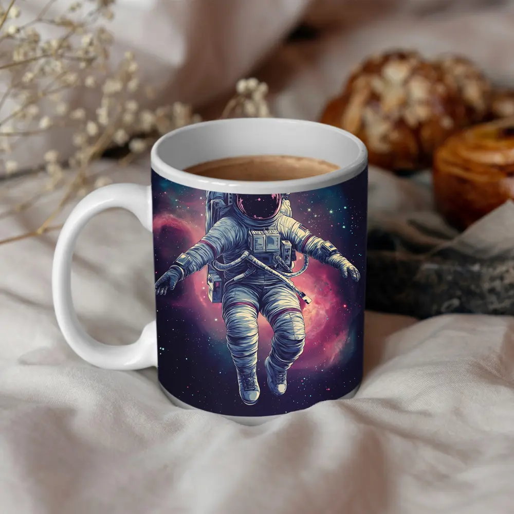 Astronaut Floating In Colorful Galaxy Nebula – Mugs