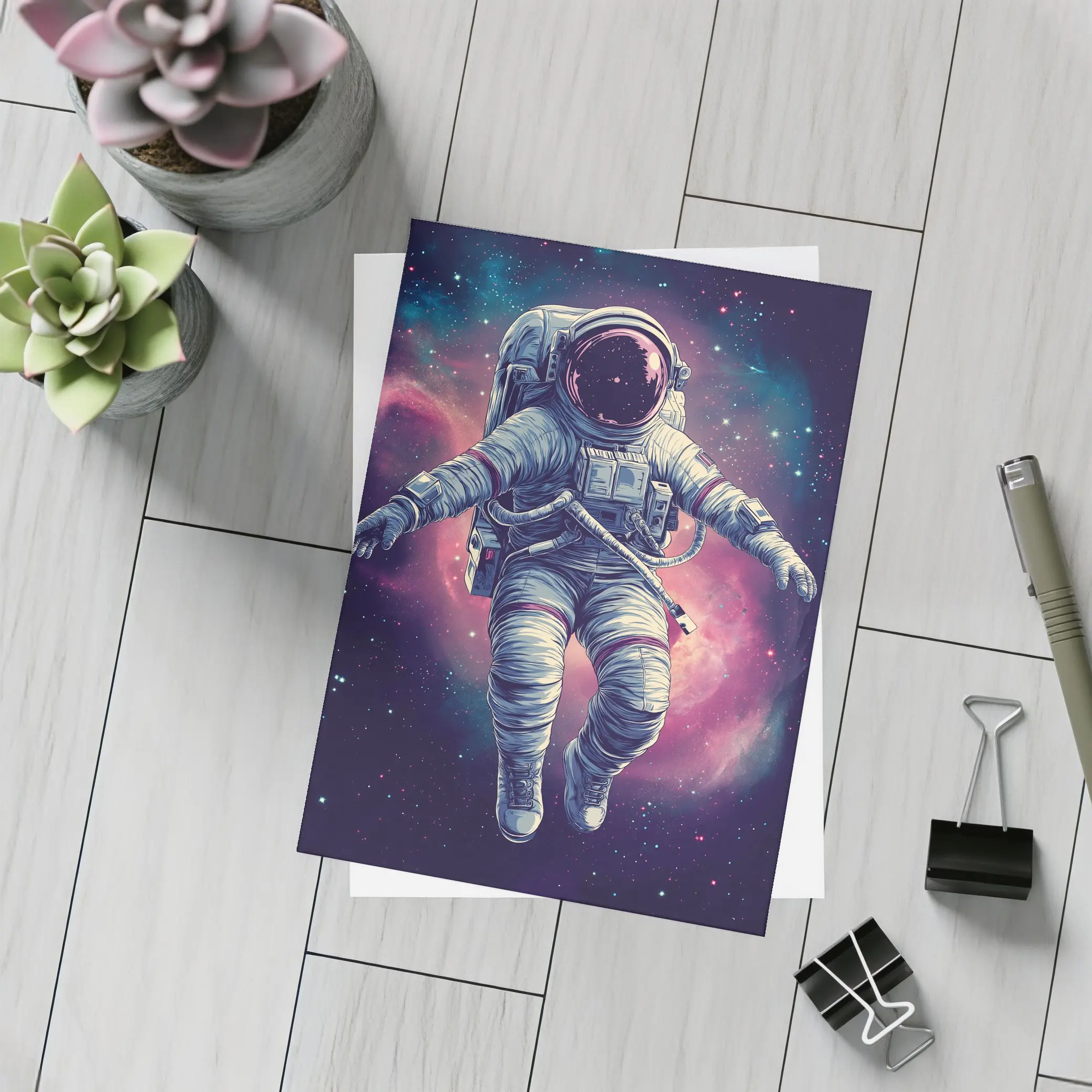 Astronaut Floating In Colorful Galaxy Nebula – Postcards