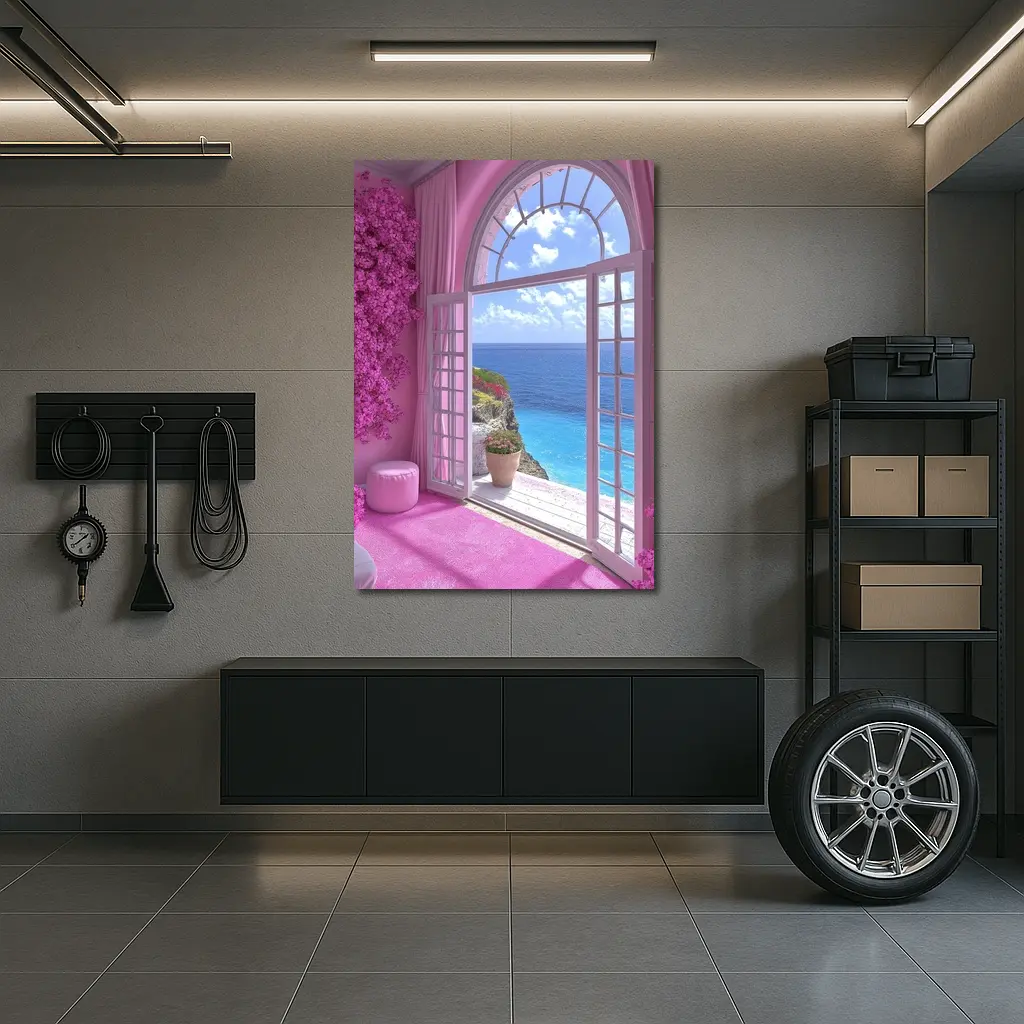 Pink Room Arched Window Ocean View – Wall Art