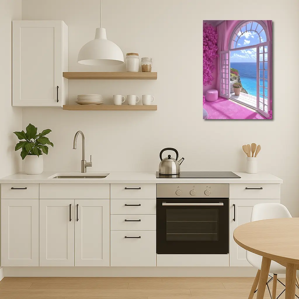 Pink Room Arched Window Ocean View – Wall Art
