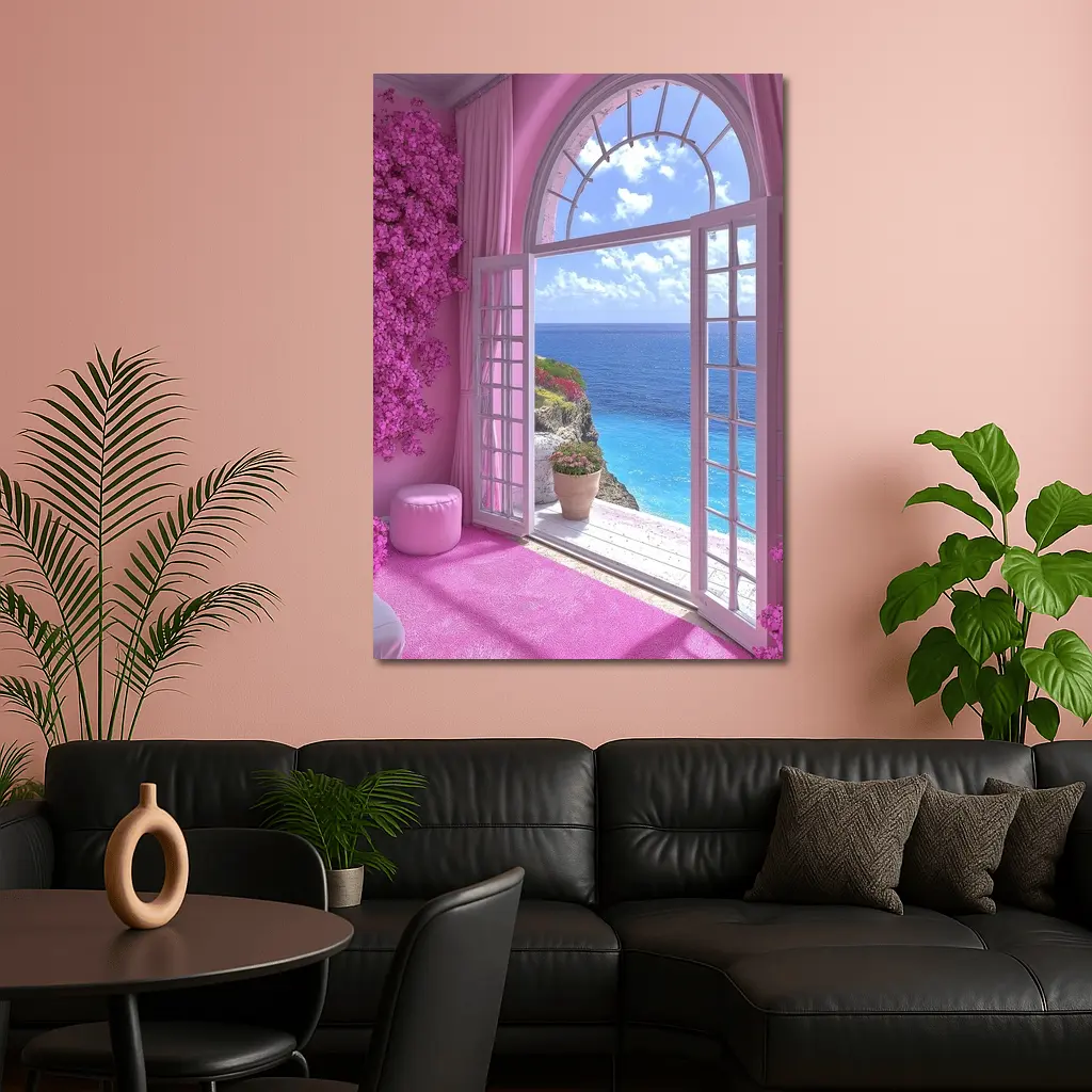 Pink Room Arched Window Ocean View – Wall Art