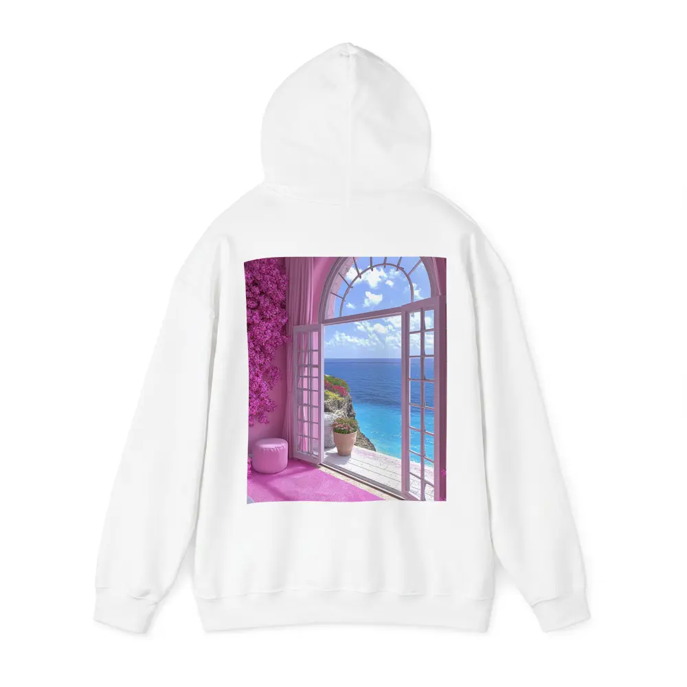 Pink Room Arched Window Ocean View – Hoodies