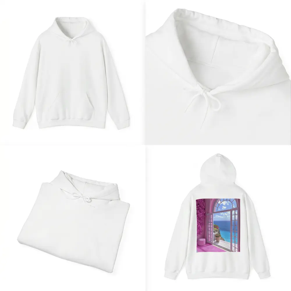 Pink Room Arched Window Ocean View – Hoodies