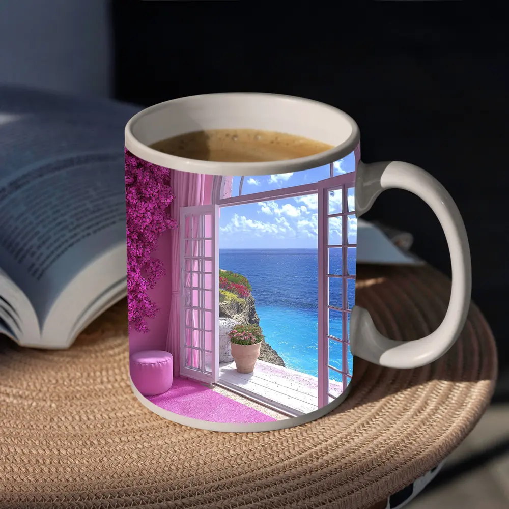 Pink Room Arched Window Ocean View – Mugs