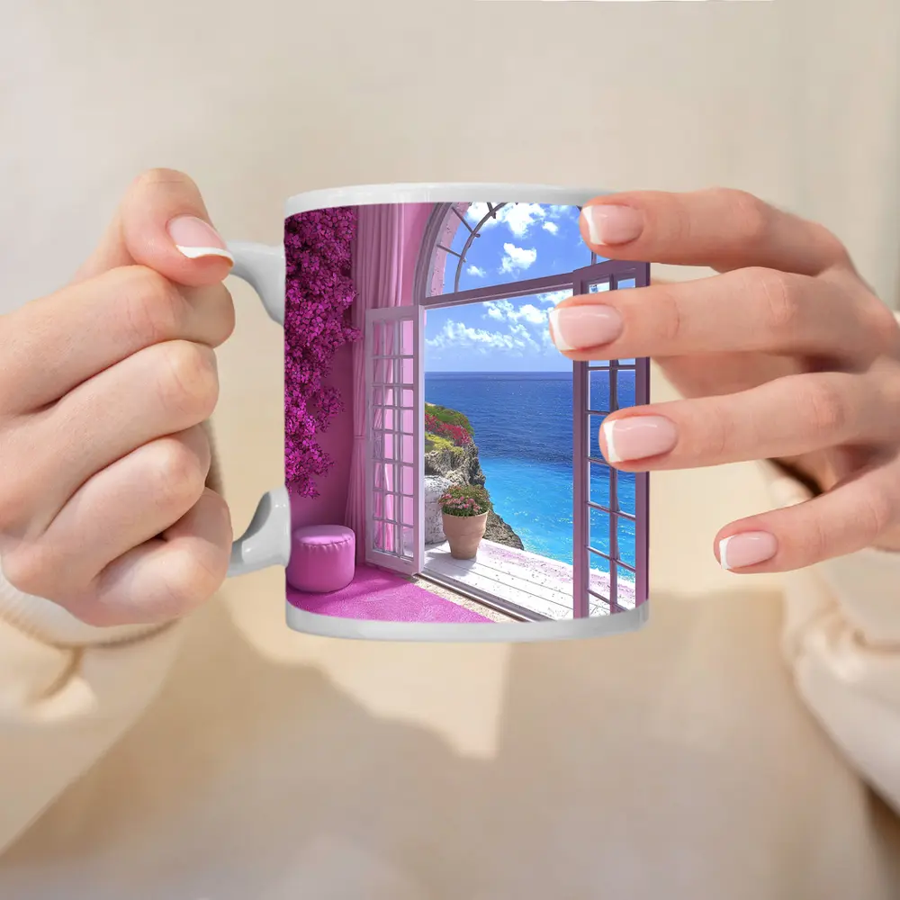 Pink Room Arched Window Ocean View – Mugs
