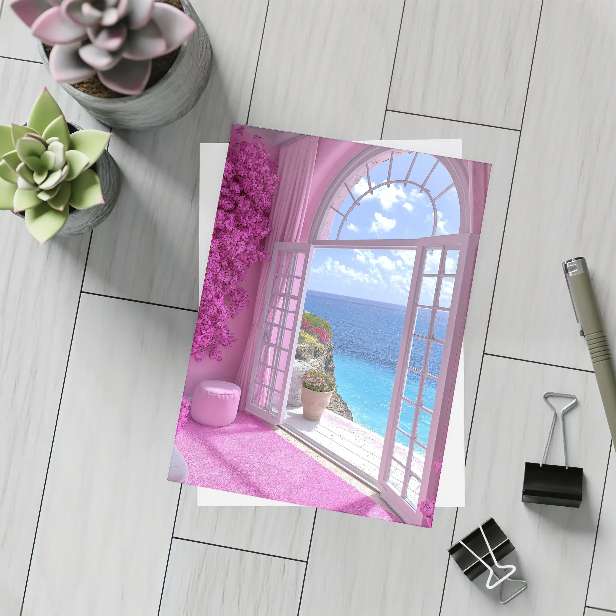Pink Room Arched Window Ocean View – Postcards