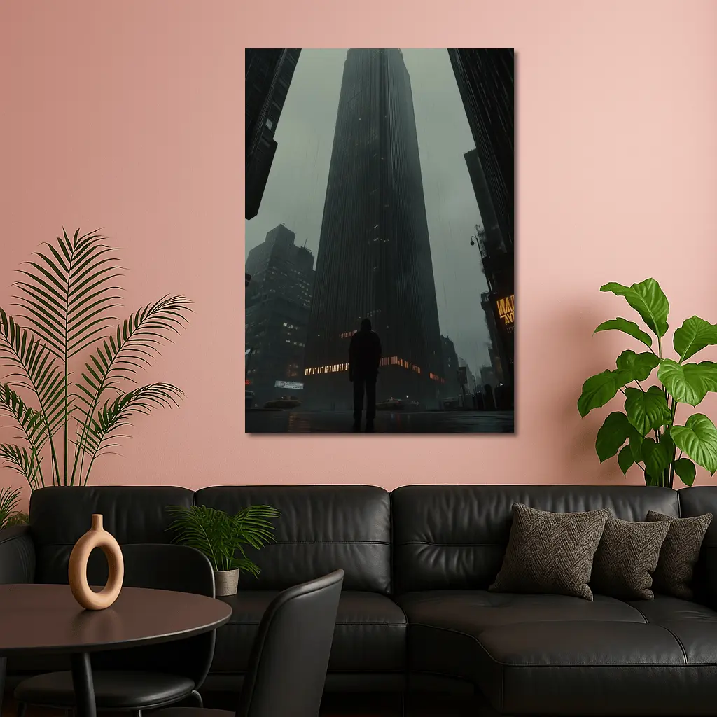 Lone Figure Standing Before Dark Rainy Skyscraper – Wall Art