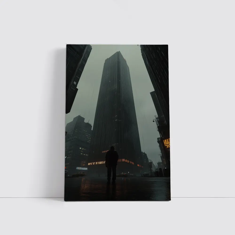 Lone Figure Standing Before Dark Rainy Skyscraper – Wall Art