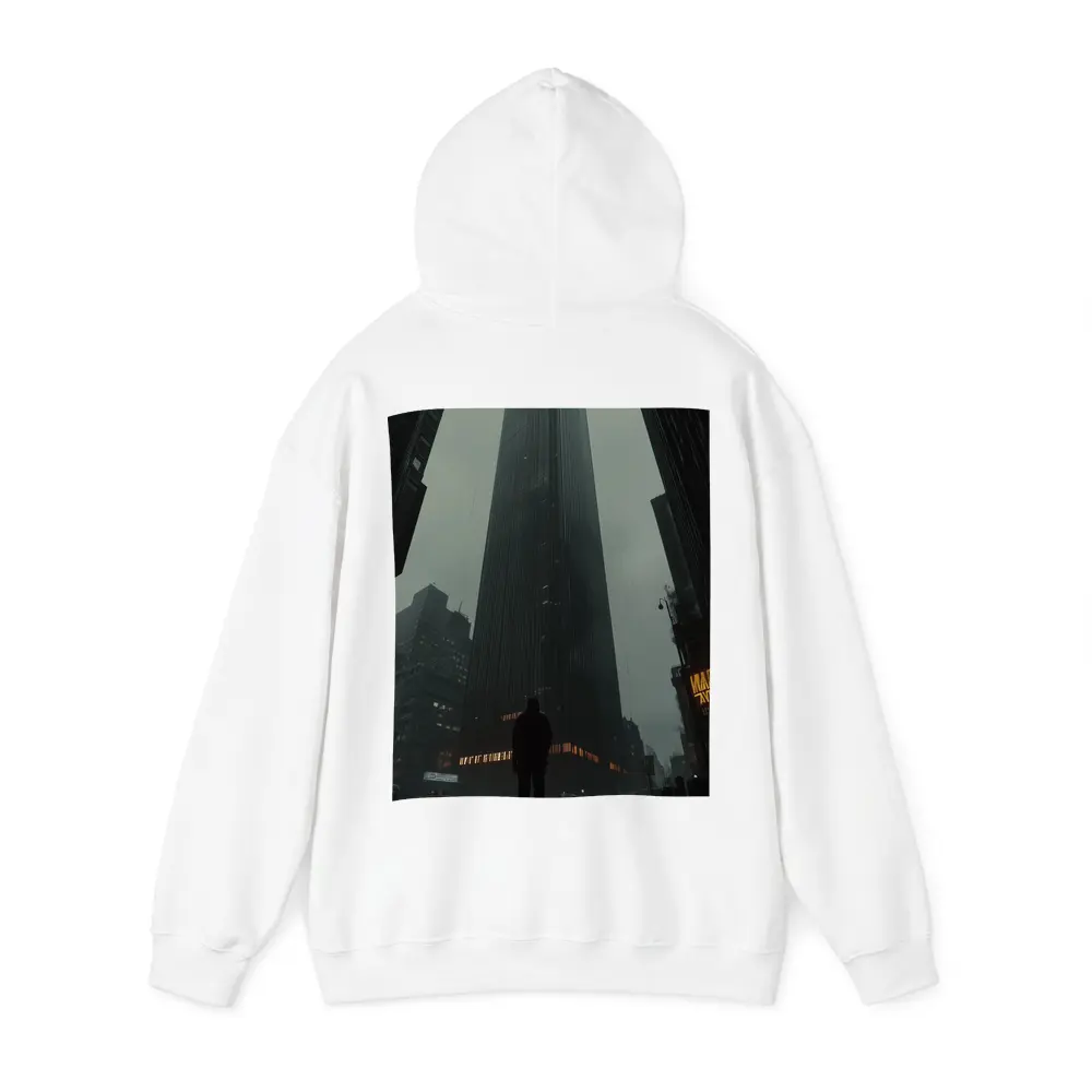 Lone Figure Standing Before Dark Rainy Skyscraper – Hoodies