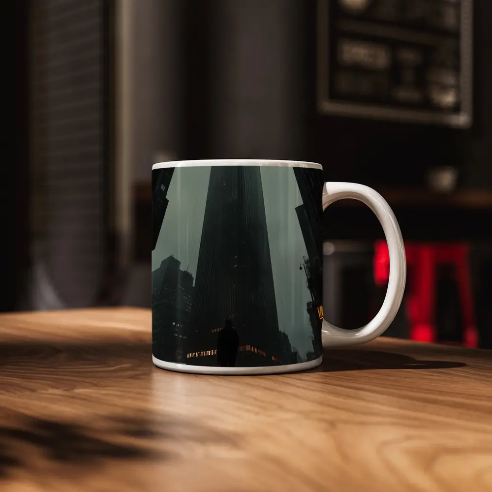 Lone Figure Standing Before Dark Rainy Skyscraper – Mugs