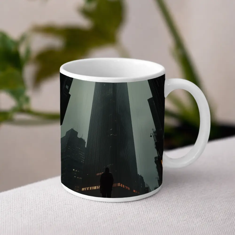 Lone Figure Standing Before Dark Rainy Skyscraper – Mugs