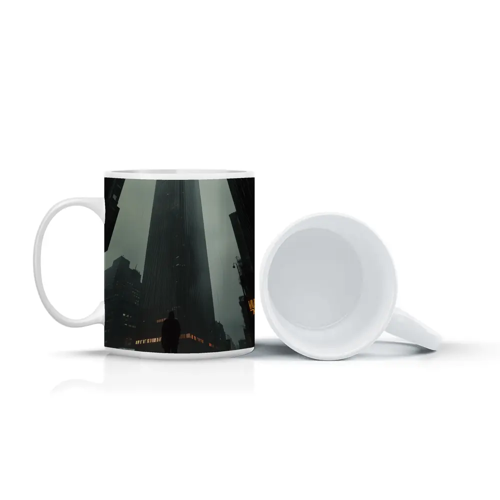 Lone Figure Standing Before Dark Rainy Skyscraper – Mugs