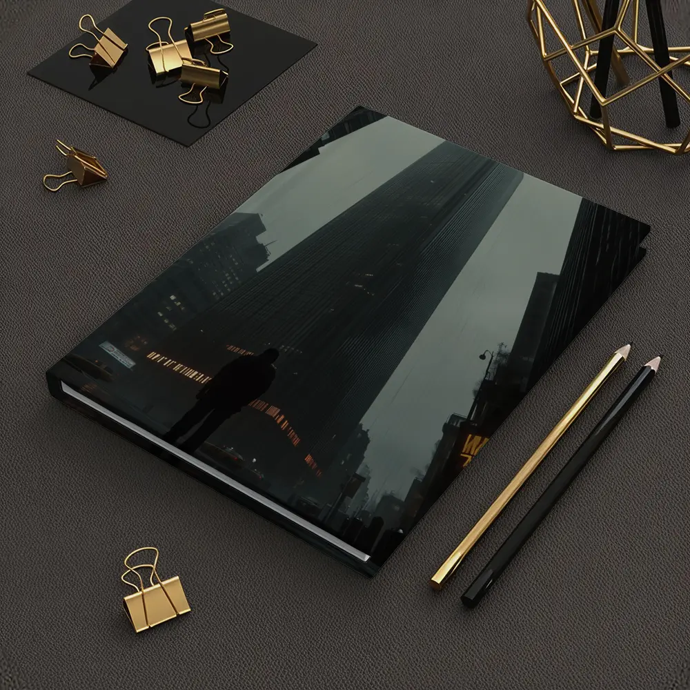 Lone Figure Standing Before Dark Rainy Skyscraper – Notebooks