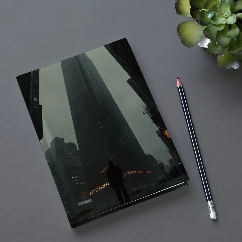 Lone Figure Standing Before Dark Rainy Skyscraper – Notebooks